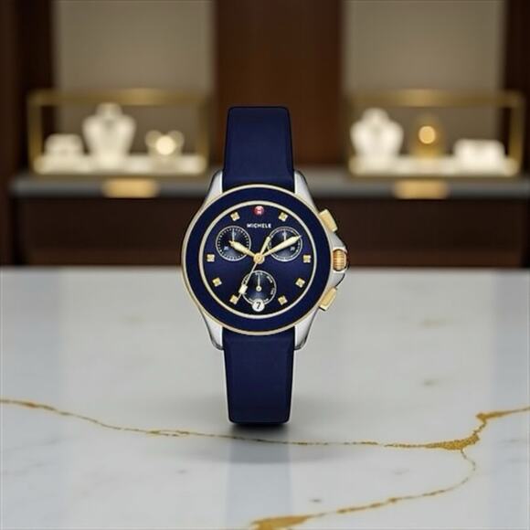 Michele Cape Chronograph Women’s Watch |Navy Blue Dial Rubber Strap | Swiss Made - Picture 2 of 9